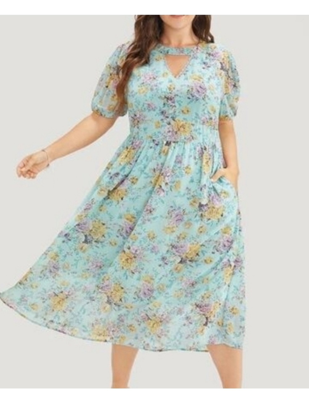 BloomChic Aqua Floral Keyhole Midi Dress